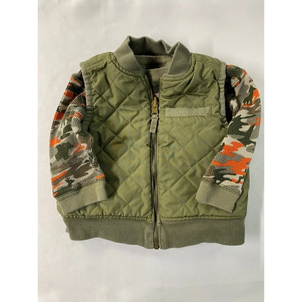 OshKosh B'gosh Boys Camo Bear Deer Bird Reversible Vest & Long Sleeve Shirt 1T